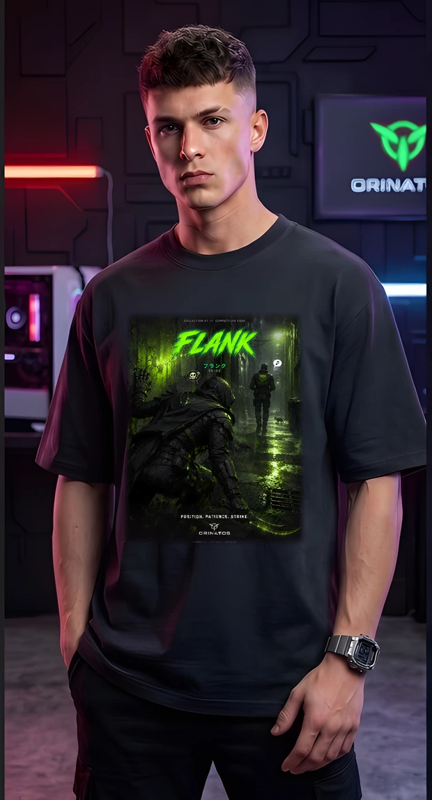 Flank — the design printed on the front of the Oversized Classic, worn