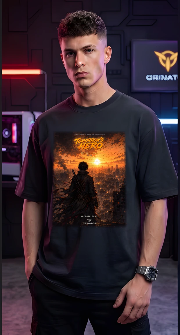 Tomorrow's Hero — the design printed on the front of the Oversized Classic, worn